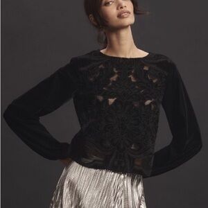 Anthropologie The Lainie Black Long-Sleeve Lace Cutwork Blouse Velvet Edition XL
